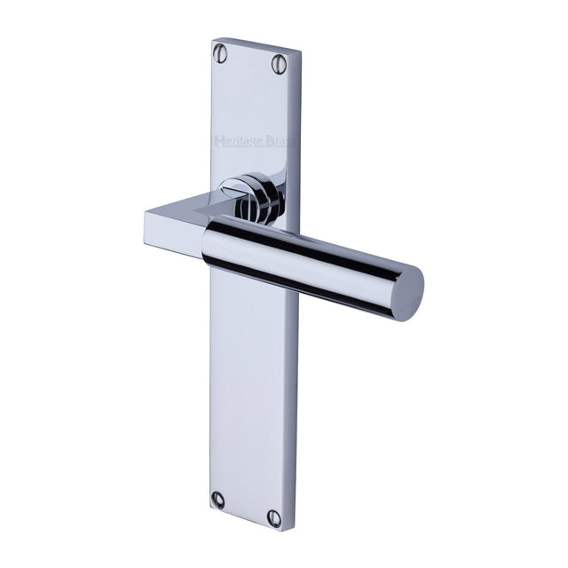 This is an image of a Heritage Brass - Bauhaus Lever Latch Door Handle on 200mm Plate Polished Chrome finish, vt6310-pc that is available to order from T.H Wiggans Ironmongery in Kendal.