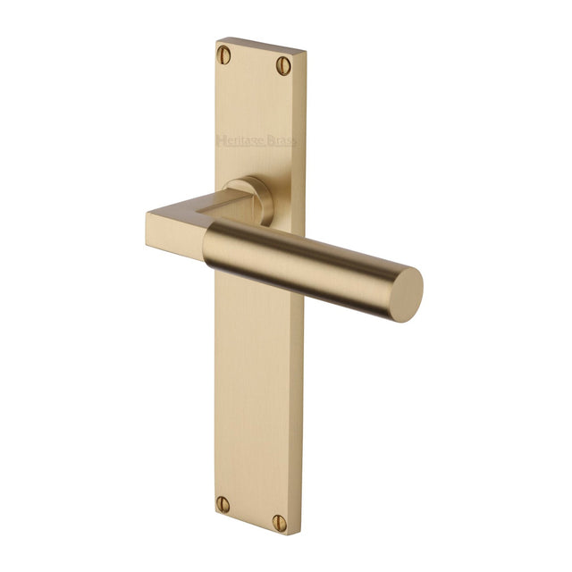 This is an image of a Heritage Brass - Bauhaus Lever Latch Door Handle on 200mm Plate Satin Brass finish, vt6310-sb that is available to order from T.H Wiggans Ironmongery in Kendal.