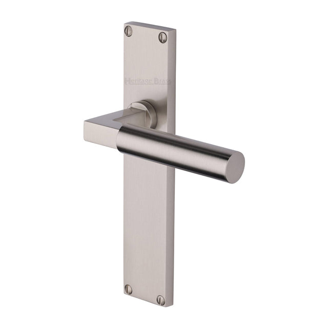 This is an image of a Heritage Brass - Bauhaus Lever Latch Door Handle on 200mm Plate Satin Nickel finish, vt6310-sn that is available to order from T.H Wiggans Ironmongery in Kendal.
