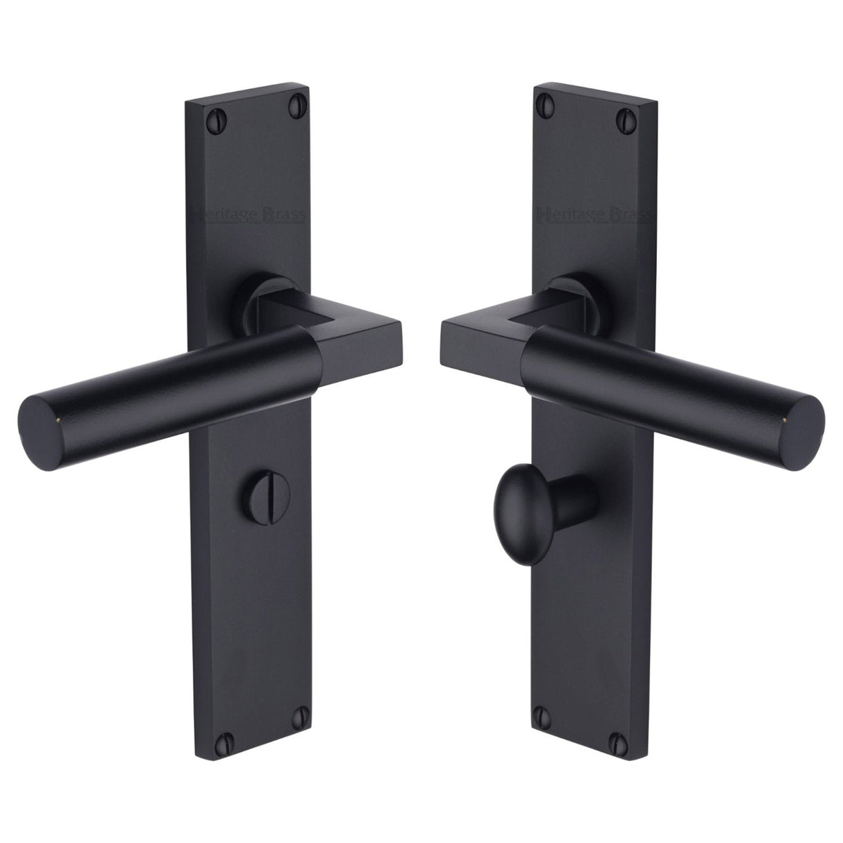 This is an image of a Heritage Brass - Bauhaus Bathroom Set Door Handle on 200mm Plate Matt Black finish, vt6330-bkmt that is available to order from T.H Wiggans Ironmongery in Kendal.