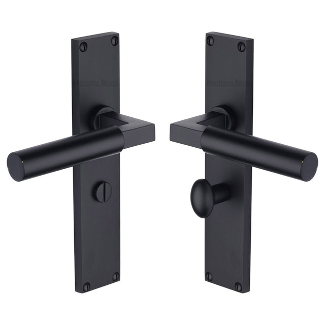 This is an image of a Heritage Brass - Bauhaus Bathroom Set Door Handle on 200mm Plate Matt Black finish, vt6330-bkmt that is available to order from T.H Wiggans Ironmongery in Kendal.