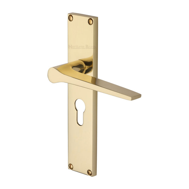 This is an image of a Heritage Brass - Gio Euro Profile Door Handle on 200mm Plate Polished Brass finish, vt8148-pb that is available to order from T.H Wiggans Ironmongery in Kendal.
