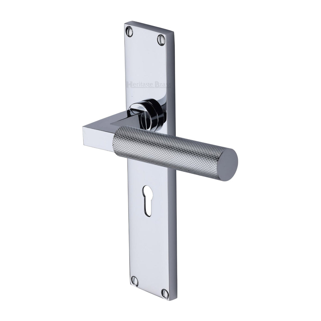 This is an image of a Heritage Brass - Bauhaus Knurled Lever Lock Door Handle on 200mm Plate Polished Chrome finish, vt9300-pc that is available to order from T.H Wiggans Ironmongery in Kendal.