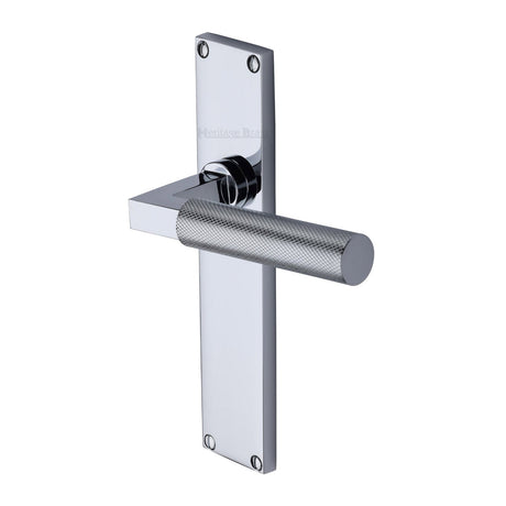 This is an image of a Heritage Brass - Bauhaus Knurled Lever Latch Door Handle on 200mm Plate Polished Chrome finish, vt9310-pc that is available to order from T.H Wiggans Ironmongery in Kendal.