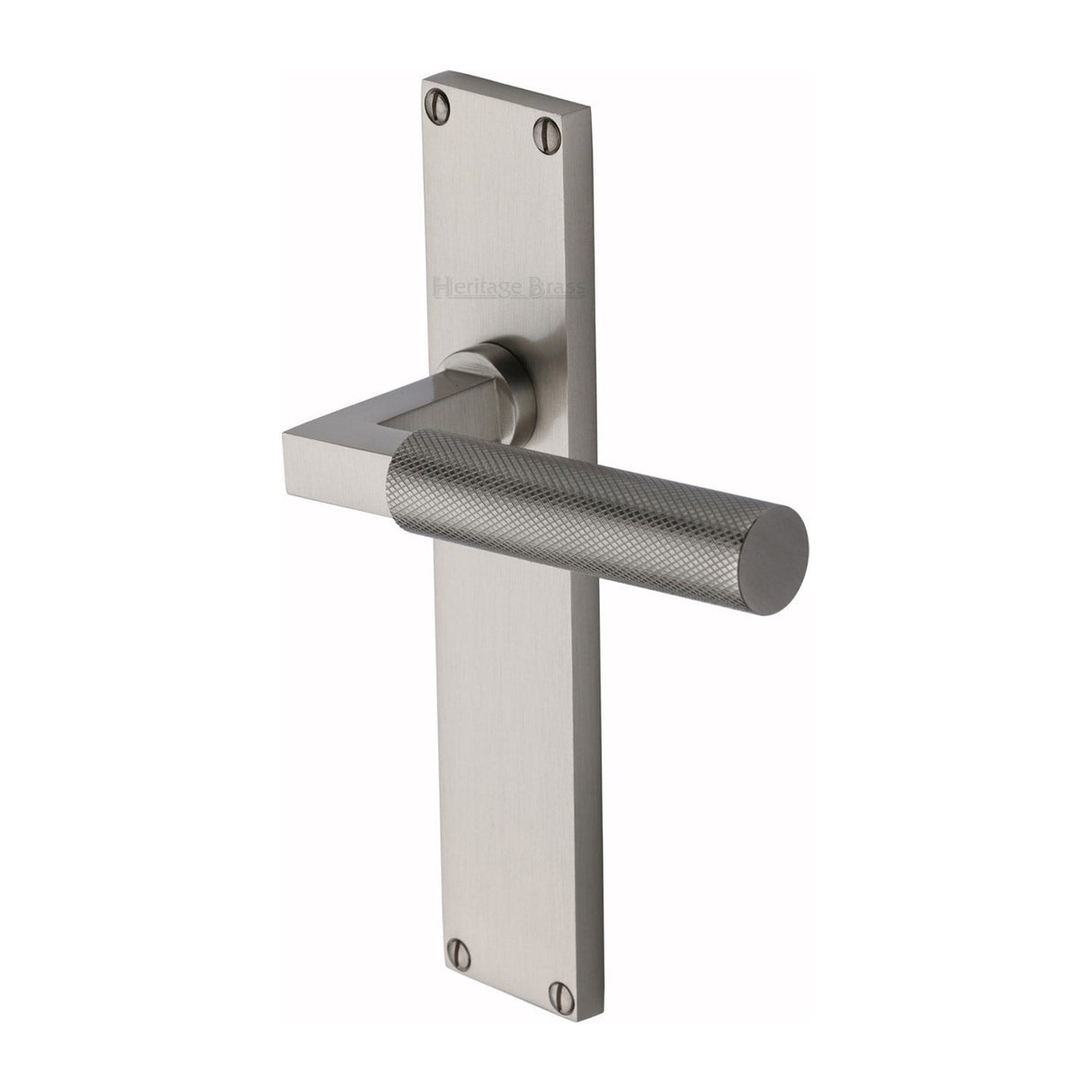 This is an image of a Heritage Brass - Bauhaus Knurled Lever Latch Door Handle on 200mm Plate Satin Nickel finish, vt9310-sn that is available to order from T.H Wiggans Ironmongery in Kendal.
