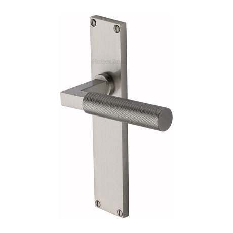 This is an image of a Heritage Brass - Bauhaus Knurled Lever Latch Door Handle on 200mm Plate Satin Nickel finish, vt9310-sn that is available to order from T.H Wiggans Ironmongery in Kendal.