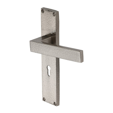 This is an image of a Heritage Brass - Delta Hammered Lever Lock Door Handle on 200mm Plate Satin Nickel finish, vth3300-sn that is available to order from T.H Wiggans Ironmongery in Kendal.