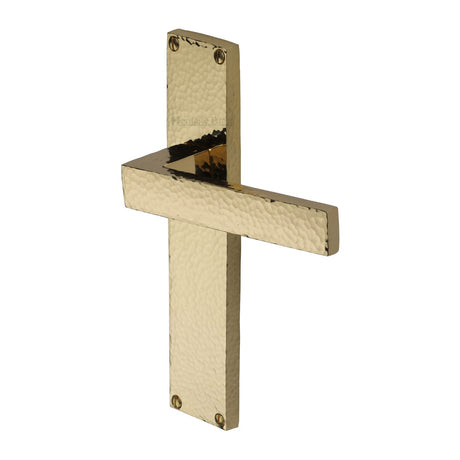 This is an image of a Heritage Brass - Delta Hammered Lever Latch Door Handle on 200mm Plate Polished Brass finish, vth3310-pb that is available to order from T.H Wiggans Ironmongery in Kendal.