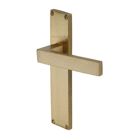 This is an image of a Heritage Brass - Delta Hammered Lever Latch Door Handle on 200mm Plate Satin Brass finish, vth3310-sb that is available to order from T.H Wiggans Ironmongery in Kendal.