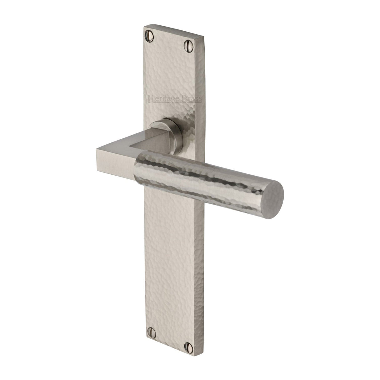 This is an image of a Heritage Brass - Bauhaus Hammered Lever Latch Door Handle on 200mm Plate Satin Nickel finish, vth4310-sn that is available to order from T.H Wiggans Ironmongery in Kendal.
