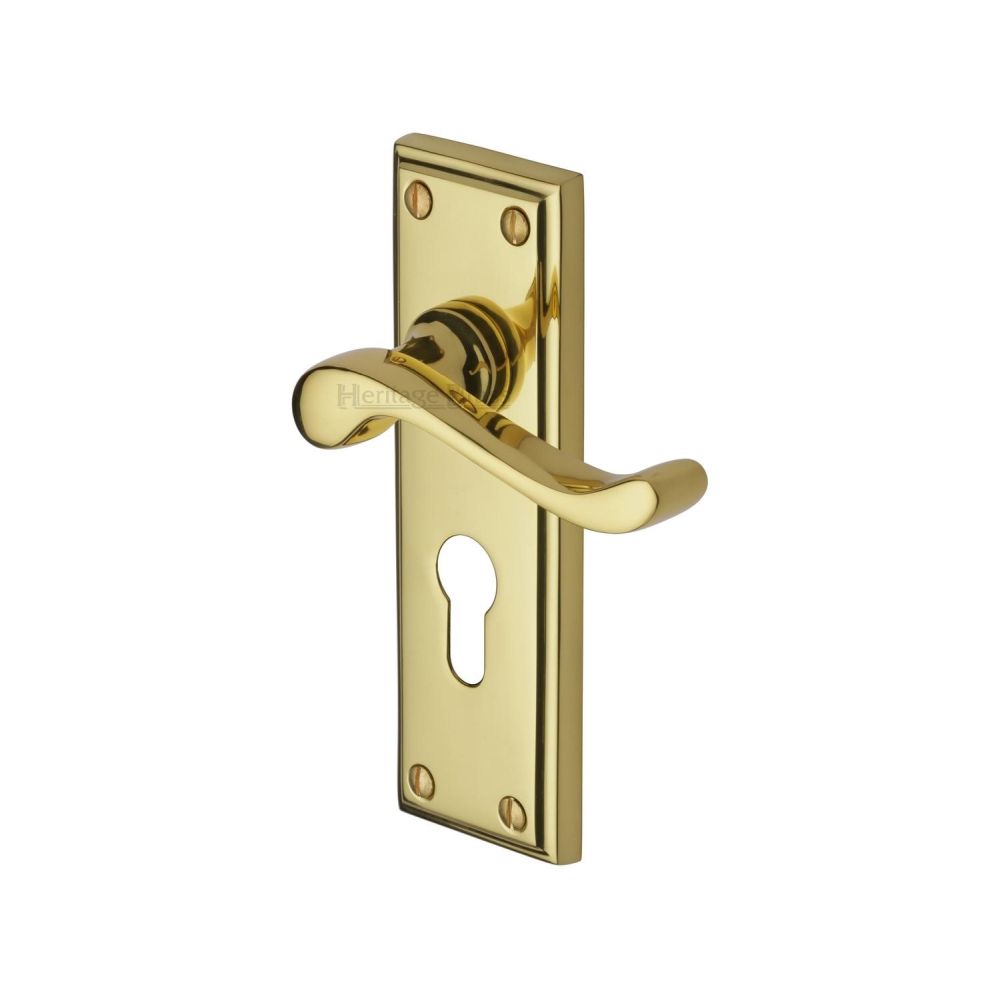 This is an image of a Heritage Brass - Door Handle for Euro Profile Plate Edwardian Design Polished Brass, w3227-48-pb that is available to order from T.H Wiggans Ironmongery in Kendal.