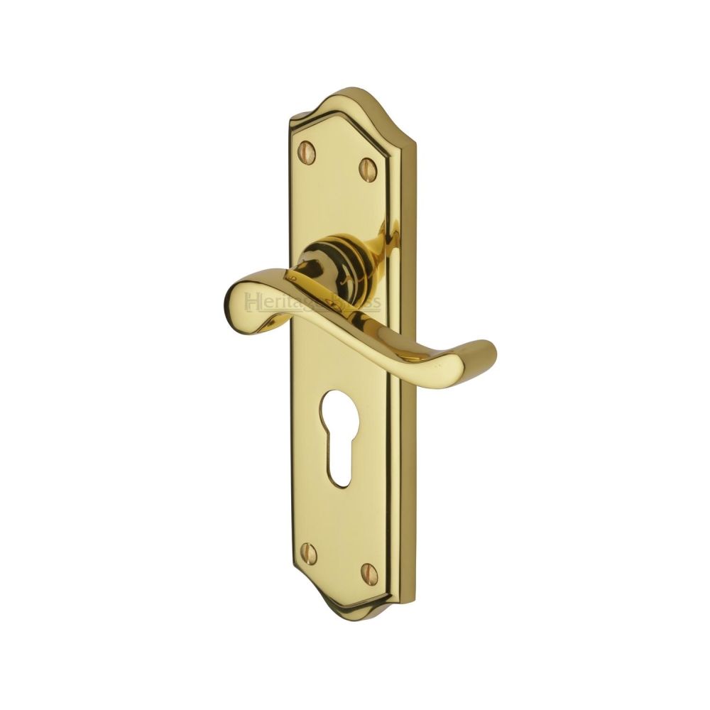 This is an image of a Heritage Brass - Door Handle for Euro Profile Plate Buckingham Design Polished Brass, w4248-pb that is available to order from T.H Wiggans Ironmongery in Kendal.