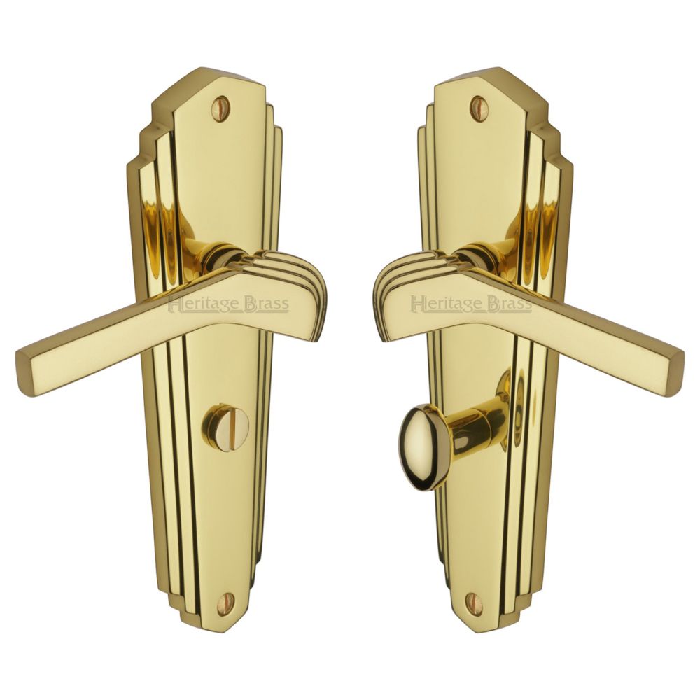 This is an image of a Heritage Brass - Door Handle for Bathroom Waldorf Design Polished Brass Finish, wal6530-pb that is available to order from T.H Wiggans Ironmongery in Kendal.