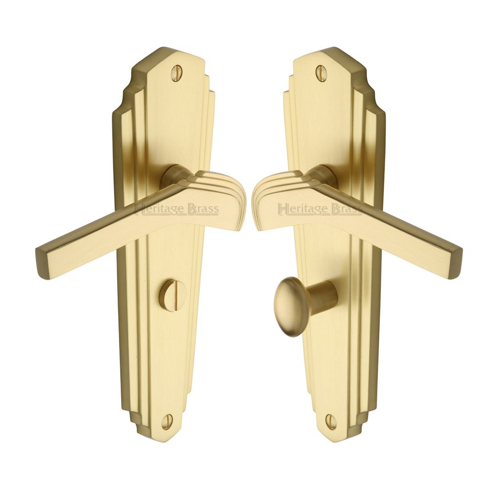 This is an image of a Heritage Brass - Door Handle for Bathroom Waldorf Design Satin Brass Finish, wal6530-sb that is available to order from T.H Wiggans Ironmongery in Kendal.