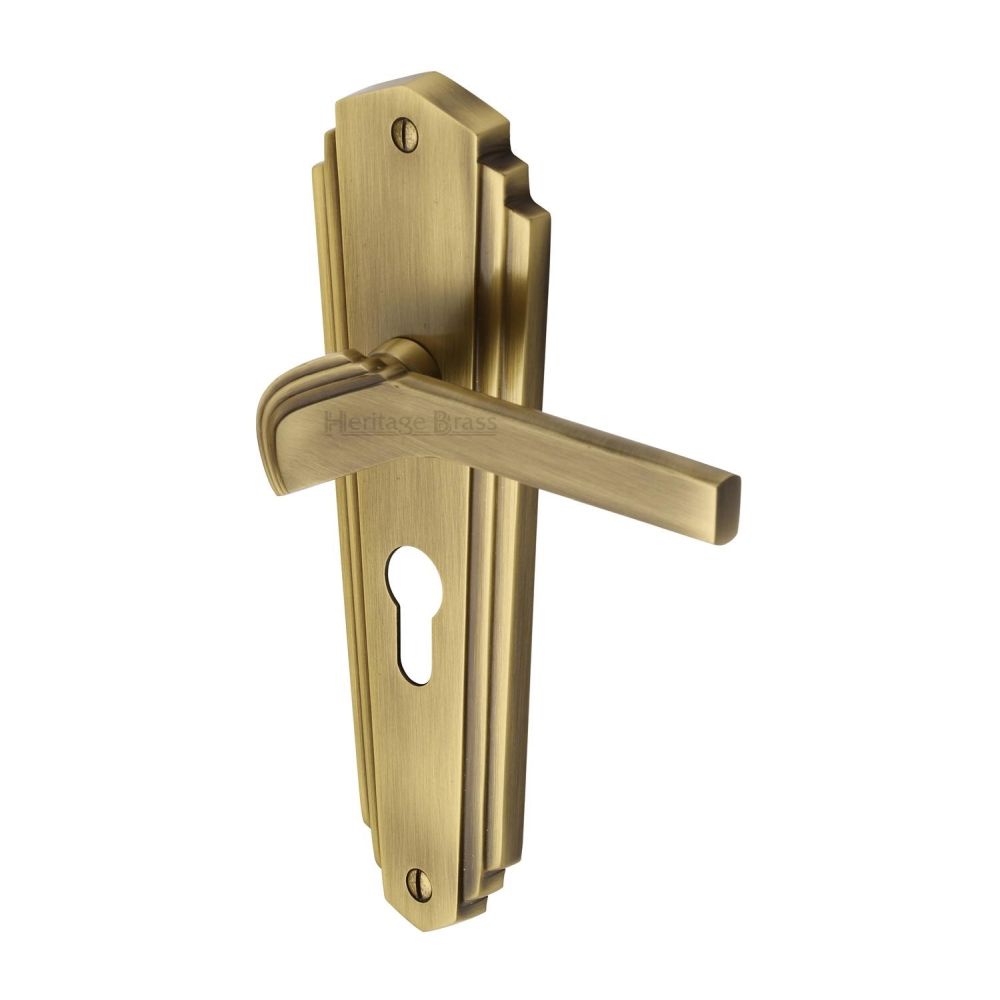 This is an image of a Heritage Brass - Door Handle for Euro Profile Plate Waldorf Design Antique Brass Fi, wal6548-at that is available to order from T.H Wiggans Ironmongery in Kendal.