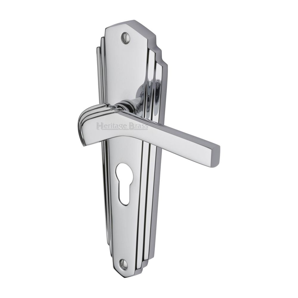 This is an image of a Heritage Brass - Door Handle for Euro Profile Plate Waldorf Design Polished Chrome F, wal6548-pc that is available to order from T.H Wiggans Ironmongery in Kendal.