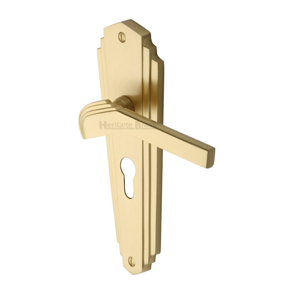 This is an image of a Heritage Brass - Door Handle for Euro Profile Plate Waldorf Design Satin Brass Fi, wal6548-sb that is available to order from T.H Wiggans Ironmongery in Kendal.