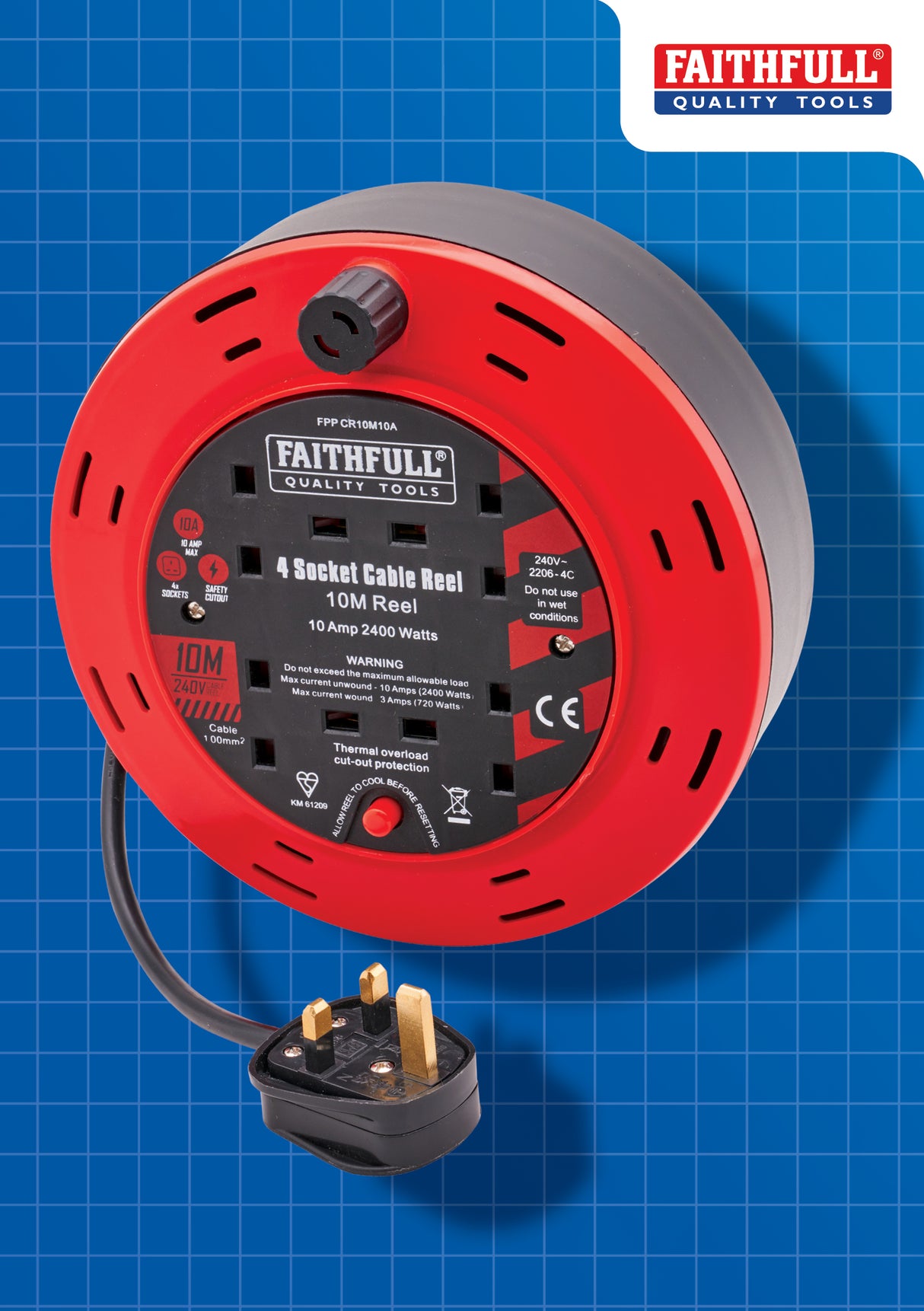 High quality image of Faithfull 10m Cable Reel 10A, 4 Sockets, availble from T.H. Wiggans Ironmongery in Kendal