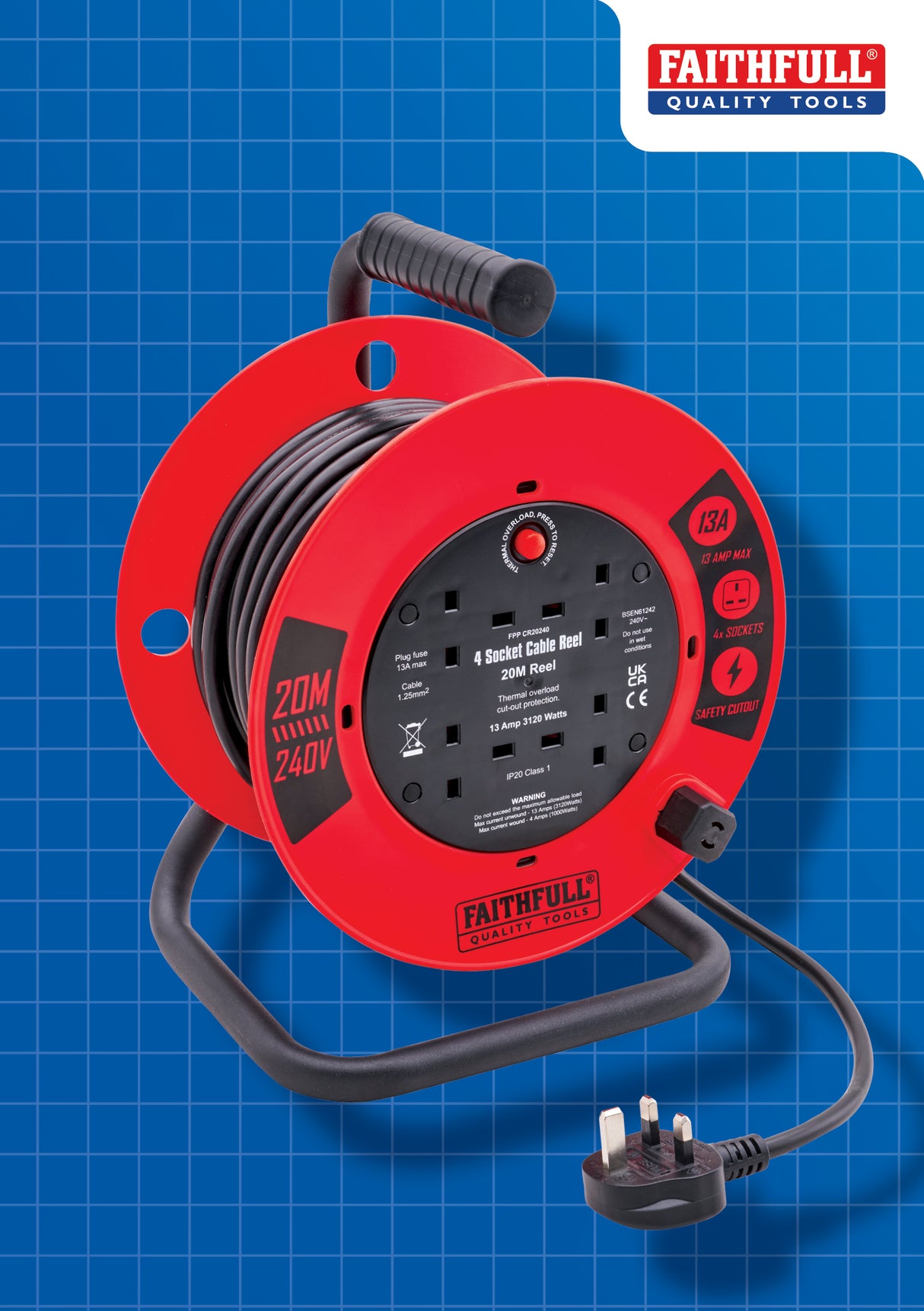 High quality image of Faithfull 20M Cable Reel 13A, availble from T.H. Wiggans Ironmongery in Kendal