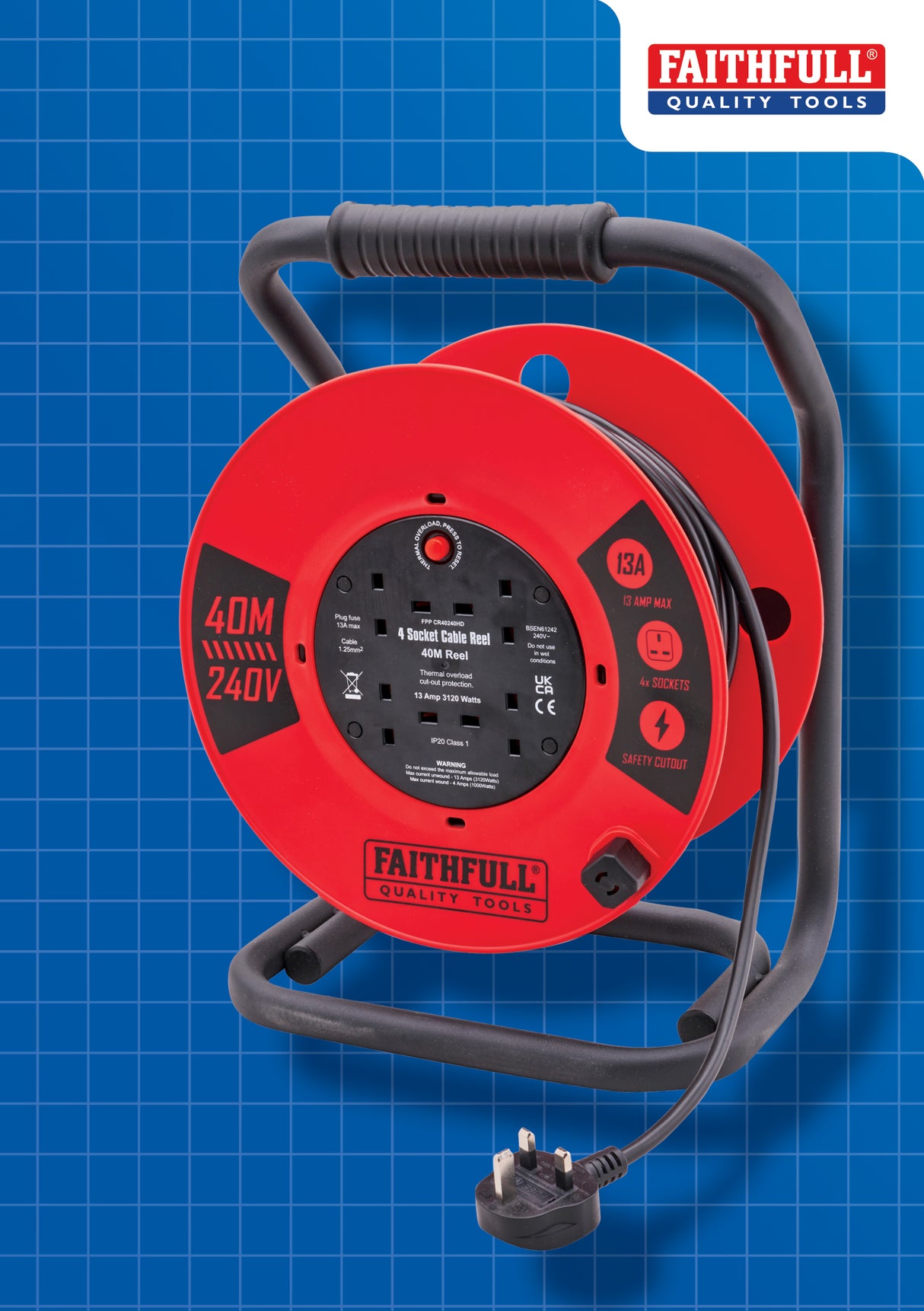 High quality image of Faithfull 40m 13A Heavy Duty Cable Reel, availble from T.H. Wiggans Ironmongery in Kendal