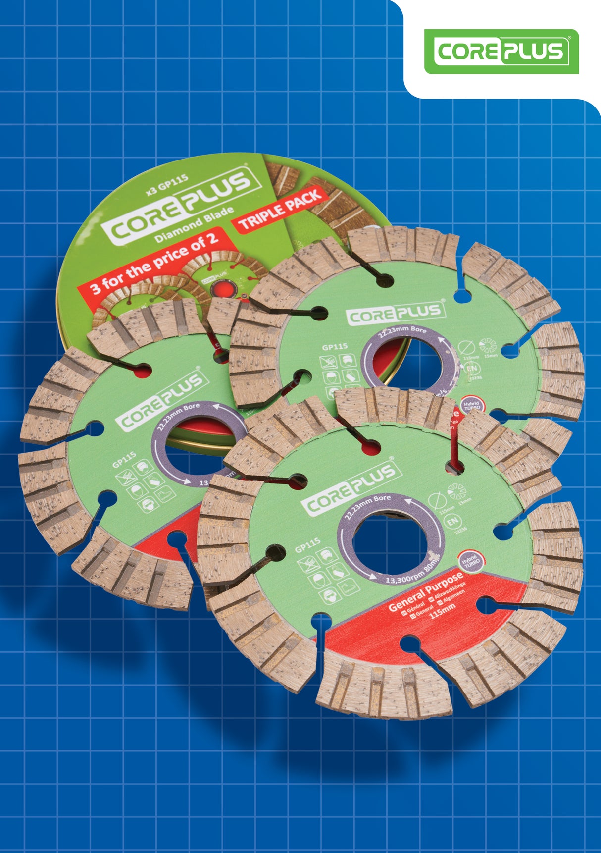 High quality image of Coreplus115mm Diamond Blade Triple Pack, availble from T.H. Wiggans Ironmongery in Kendal