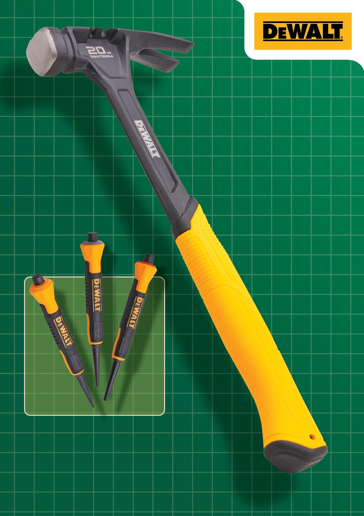 High quality image of DeWalt 567G (20oz) Claw Hammer With Free 3 Piece Nail Set, availble from T.H. Wiggans Ironmongery in Kendal