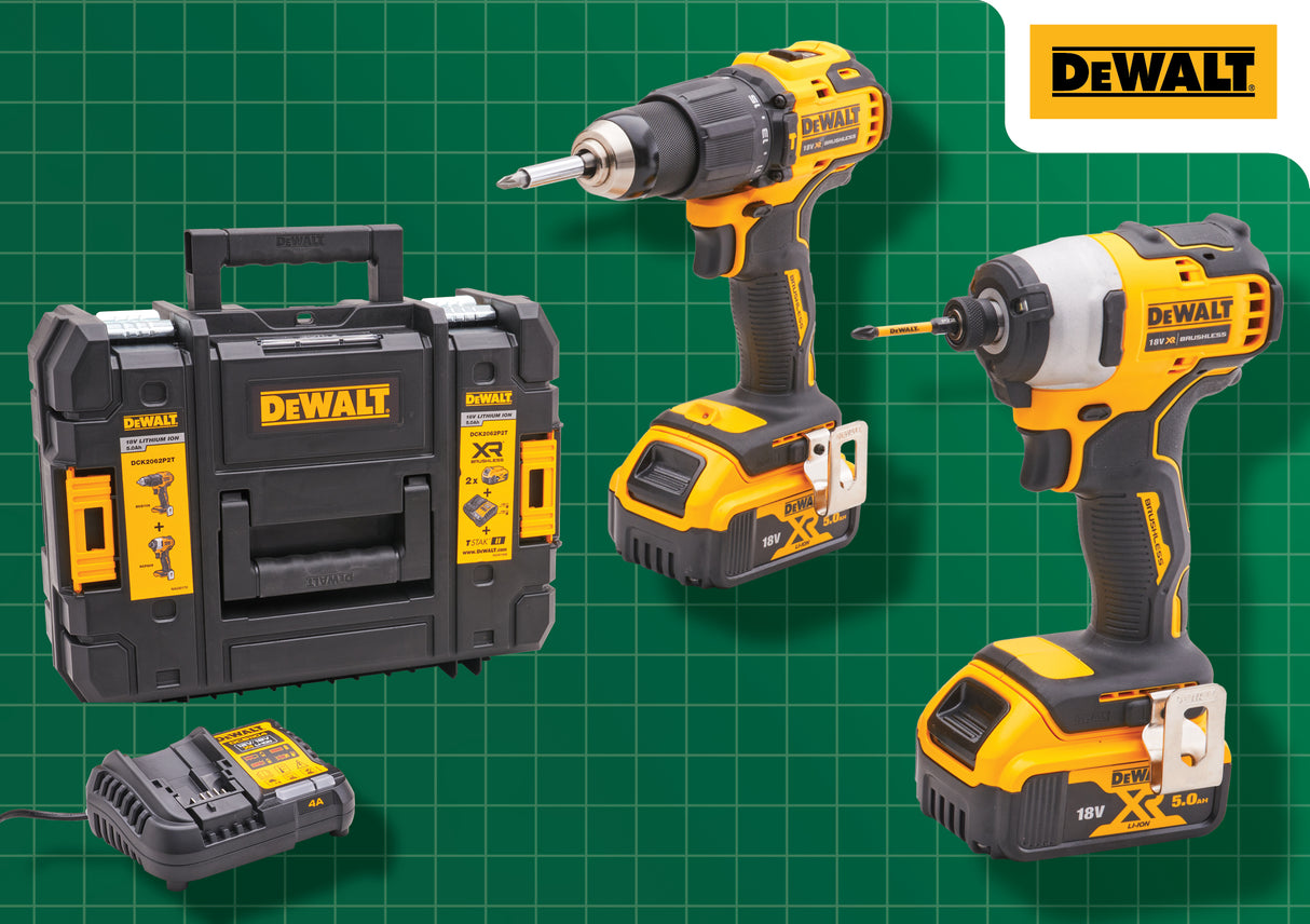 High quality image of DeWalt 18V Combi Drill & Impact Driver with 2 X 5Ah Li-ion Batteries, availble from T.H. Wiggans Ironmongery in Kendal