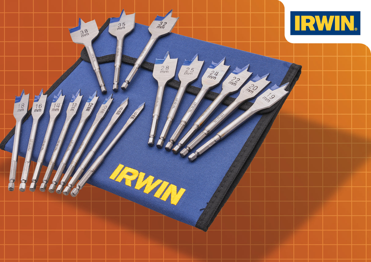 High quality image of Irwin 17 Piece Flat Wood Bit Set, availble from T.H. Wiggans Ironmongery in Kendal