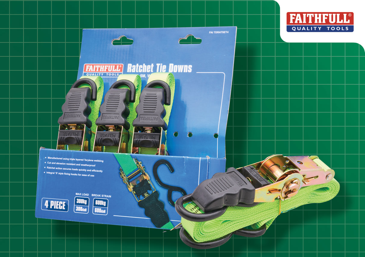 High quality image of Faithfull 4 Piece Ratchet Tie Down Set, availble from T.H. Wiggans Ironmongery in Kendal