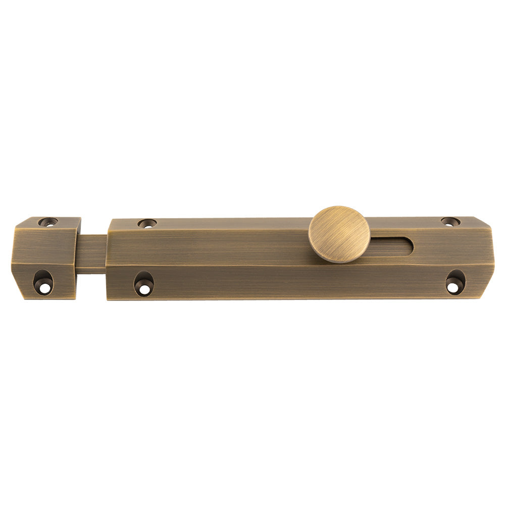 This image shows Carlisle Brass - 152 x 36mm surface bolt c/w keep flat & angled mortice keeps - antique brass - aq82ab available from T.H. Wiggans Ironmongery in Kendal.