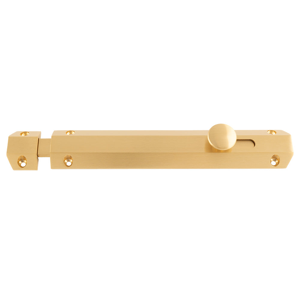 This image shows Carlisle Brass - 203 x 36mm surface bolt c/w keep flat & angled mortice keeps - satin brass - aq83sb available from T.H. Wiggans Ironmongery in Kendal.