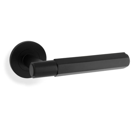 This is an image showing Alexander & Wilks - Spitfire Hex Lever on Round Rose - Black aw224bl available to order from T.H. Wiggans Ironmongery in Kendal, quick delivery and discounted prices.