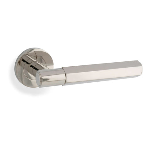 This is an image showing Alexander & Wilks - Spitfire Hex Lever on Round Rose - Polished Nickel aw224pn available to order from T.H. Wiggans Ironmongery in Kendal, quick delivery and discounted prices.