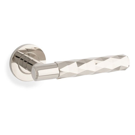 This is an image showing Alexander & Wilks Spitfire Diamond Cut Lever on Round Rose - Polished Nickel PVD - aw226-PNPVD available to order from T.H. Wiggans Ironmongery in Kendal, quick delivery and discounted prices.
