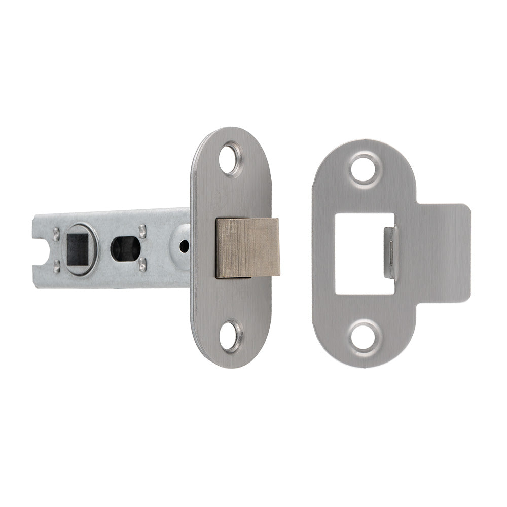This image shows Eurospec - 64MM BOLT-THROUGH TUBULAR LATCH - 8MM FOLLOWER - RADIUS - FIXED FOREND - SSS - btl25sss-r available from T.H. Wiggans Ironmongery in Kendal.