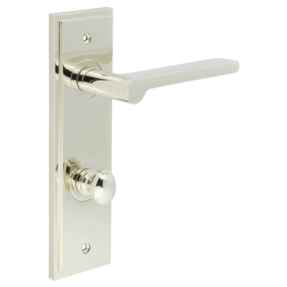 This is an image showing the Frelan - Fitzrovia Door Handle Din Bathroom Backplate Polished Nickel & Turn & Release available to order from T.H. Wiggans Ironmongery in Kendal