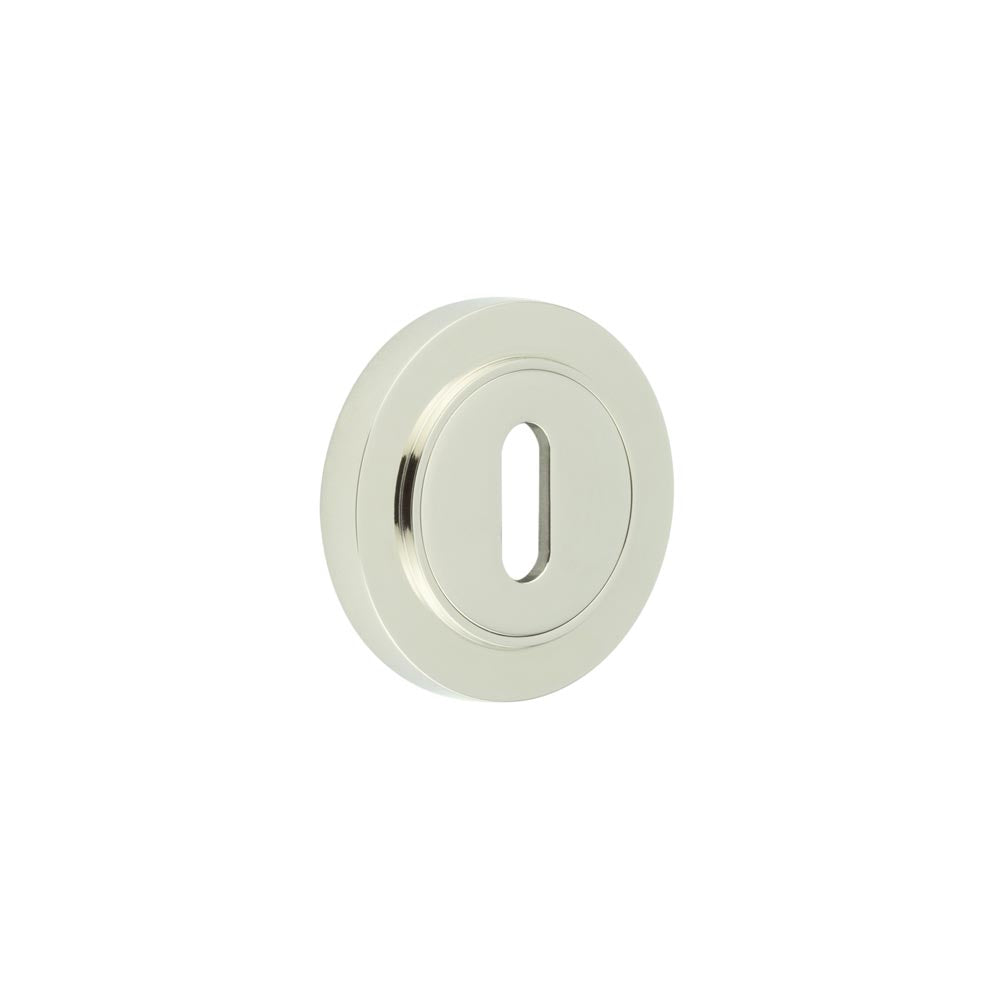 This is an image showing the Frelan - Burlington Standard Keyway Escutcheons Plain Rose Polished Nickel available to order from T.H. Wiggans Ironmongery in Kendal