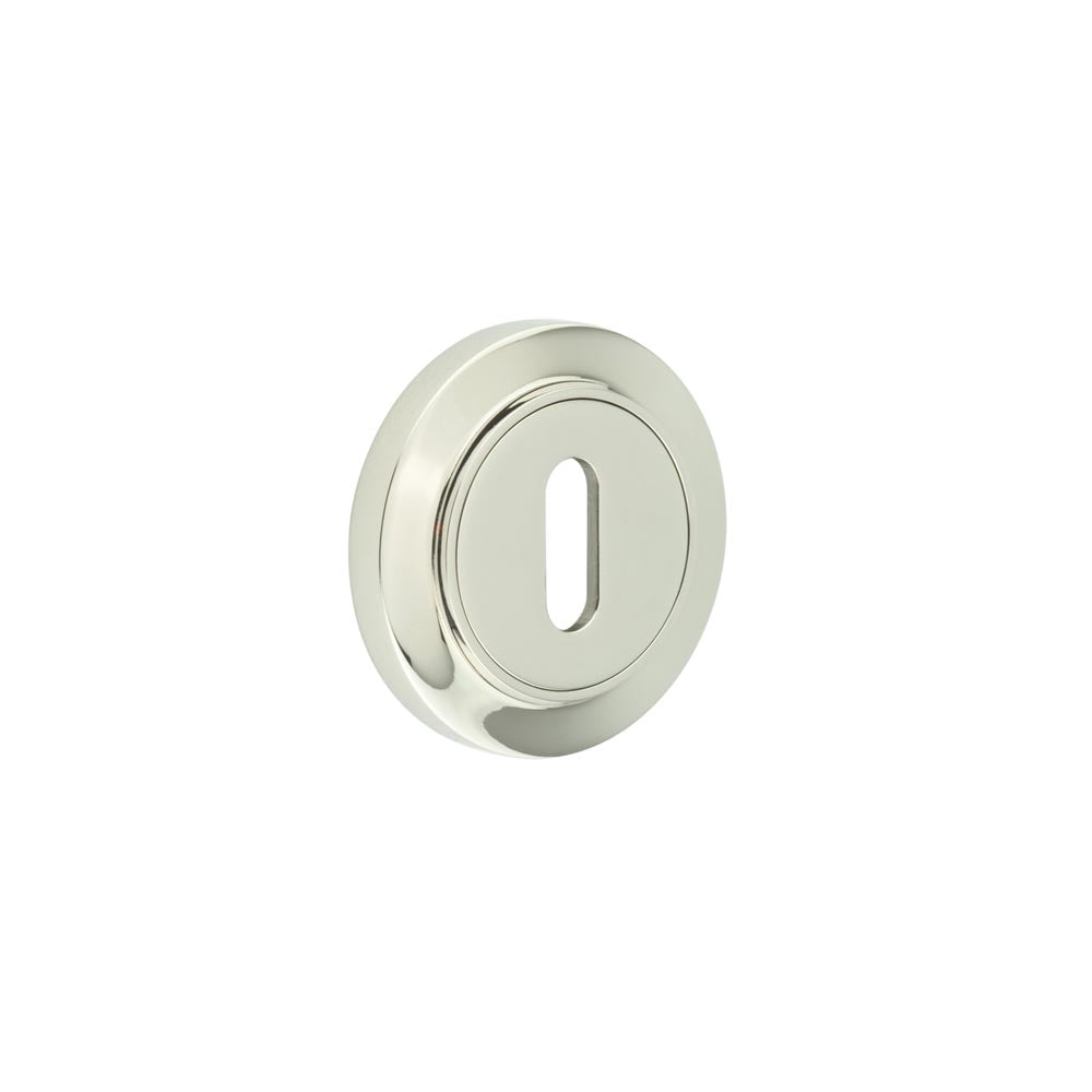 This is an image showing the Frelan - Burlington Standard Keyway Escutcheons Chamfered Rose Polished Nickel available to order from T.H. Wiggans Ironmongery in Kendal