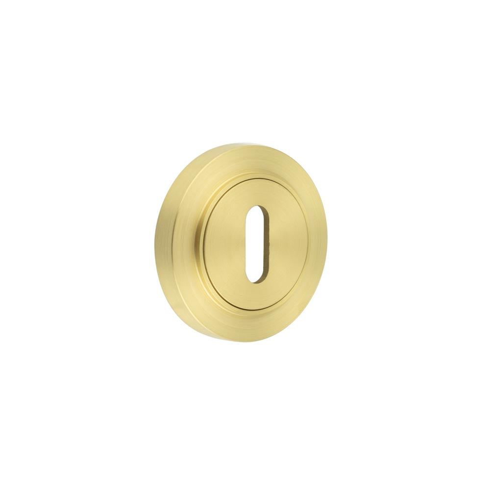 This is an image showing the Frelan - Burlington Standard Keyway Escutcheons Plain Rose Satin Brass available to order from T.H. Wiggans Ironmongery in Kendal