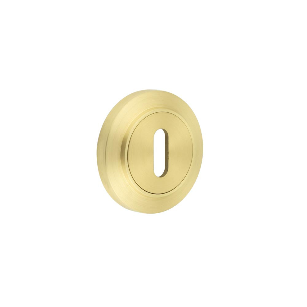 This is an image showing the Frelan - Burlington Standard Keyway Escutcheons Chamfered Rose Satin Brass available to order from T.H. Wiggans Ironmongery in Kendal