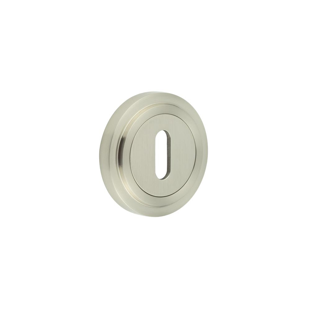 This is an image showing the Frelan - Burlington Standard Keyway Escutcheons Stepped Rose Satin Nickel available to order from T.H. Wiggans Ironmongery in Kendal