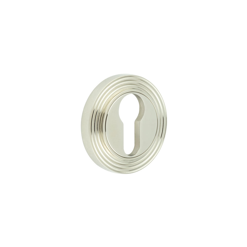 This is an image showing the Frelan - Burlington Euro Profile Escutcheons Reeded Rose Polished Nickel available to order from T.H. Wiggans Ironmongery in Kendal