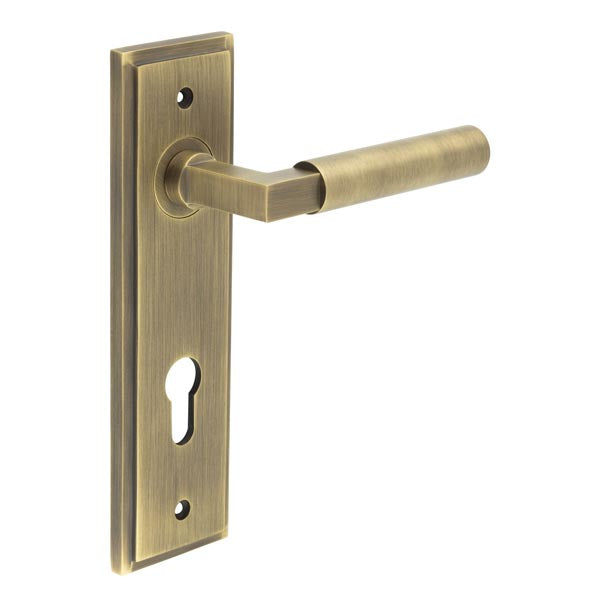 This is an image showing the Frelan - Westminster Door Handle Din Euro Backplate Antique Brass available to order from T.H. Wiggans Ironmongery in Kendal