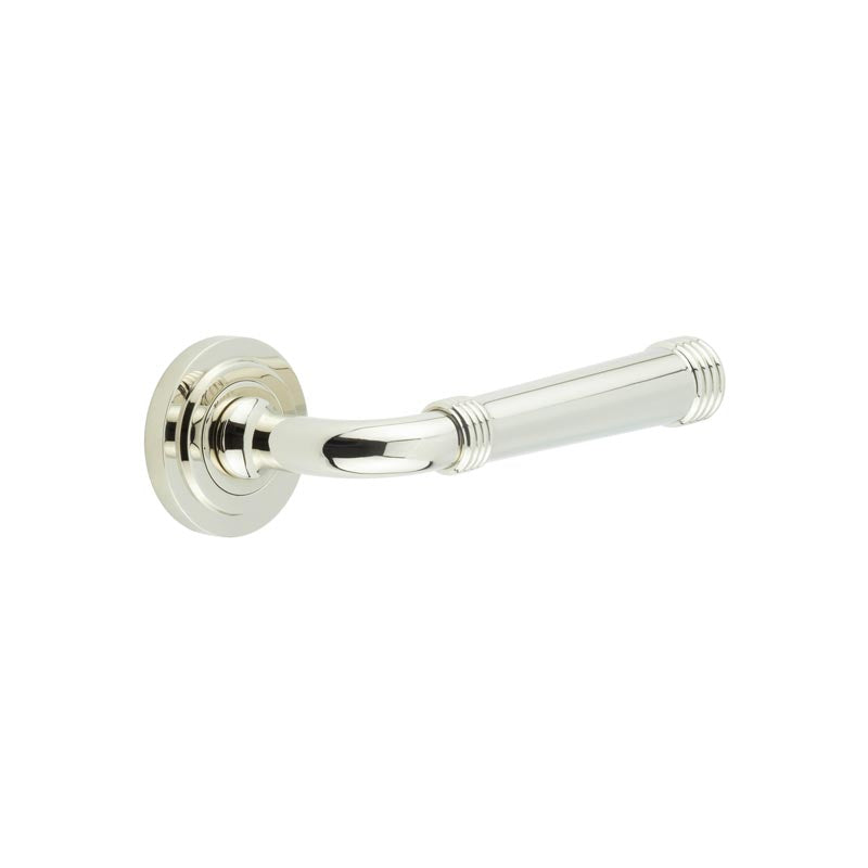 This is an image showing the Frelan - Highgate Door Handles Stepped Rose Polished Nickel available to order from T.H. Wiggans Ironmongery in Kendal