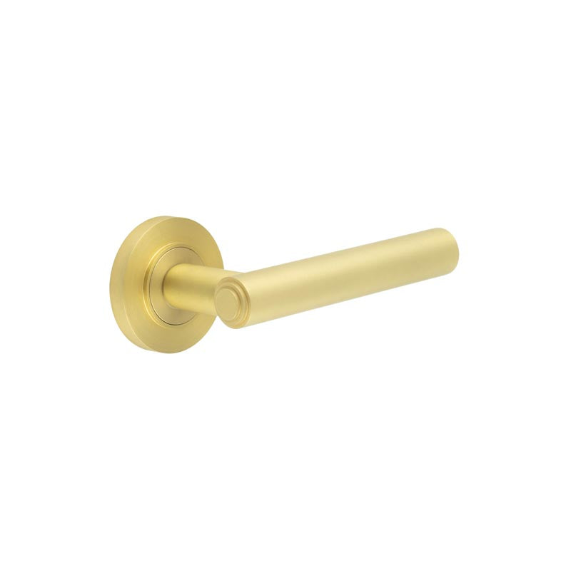 This is an image showing the Frelan - Richmond Door Handles Plain Rose Satin Brass available to order from T.H. Wiggans Ironmongery in Kendal