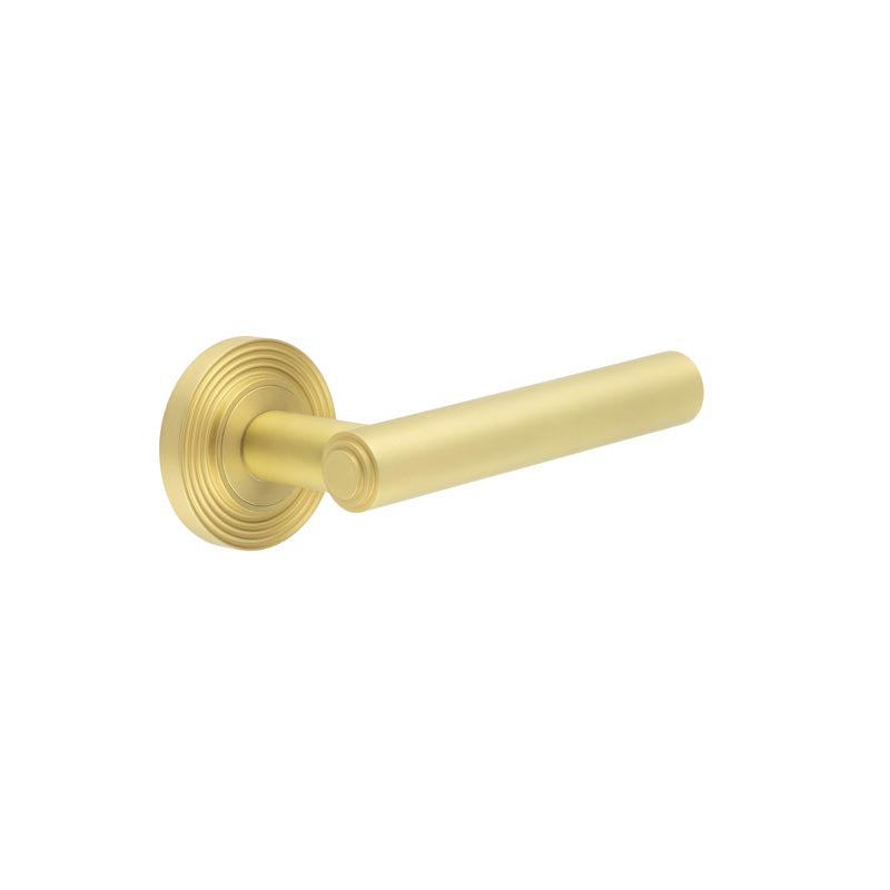 This is an image showing the Frelan - Richmond Door Handles Reeded Rose Satin Brass available to order from T.H. Wiggans Ironmongery in Kendal