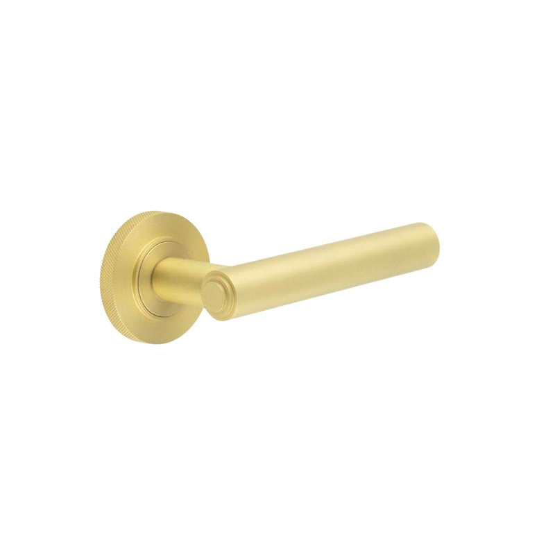 This is an image showing the Frelan - Richmond Door Handles Knurled Rose Satin Brass available to order from T.H. Wiggans Ironmongery in Kendal