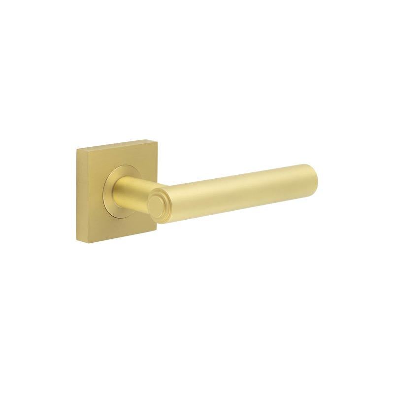 This is an image showing the Frelan - Richmond Door Handles Square Plain Satin Brass available to order from T.H. Wiggans Ironmongery in Kendal