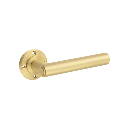 This is an image showing the Burlington - Richmond Satin Brass Lever on Rose Door Handles - Roses Sold Separa available to order from T.H. Wiggans Ironmongery in Kendal