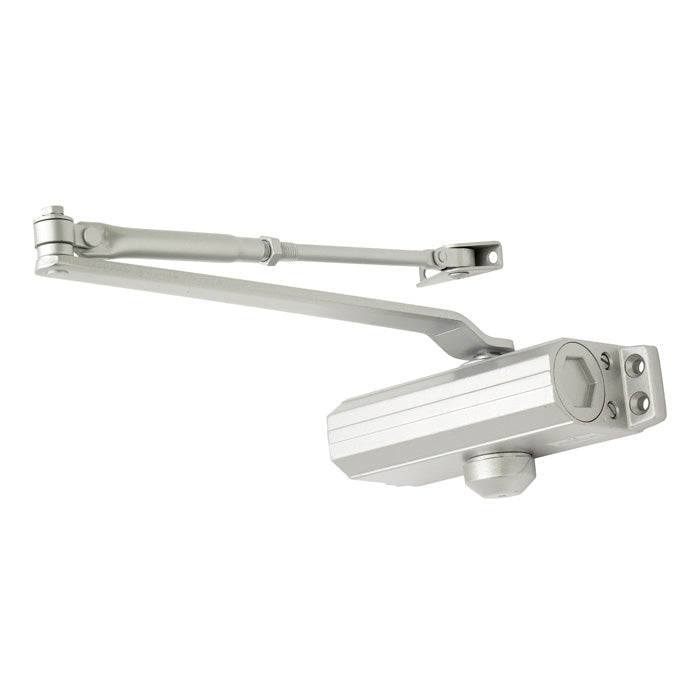 This image shows Eurospec - FIXED SIZE 3 OVERHEAD DOOR CLOSER C/W FIG. 6 BRACKET - SILVER - esdc003 available from T.H. Wiggans Ironmongery in Kendal.